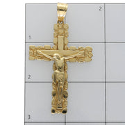 14K yellow gold nugget crucifix pendant size scale measured at 70mm tall by 40mm wide on grid background