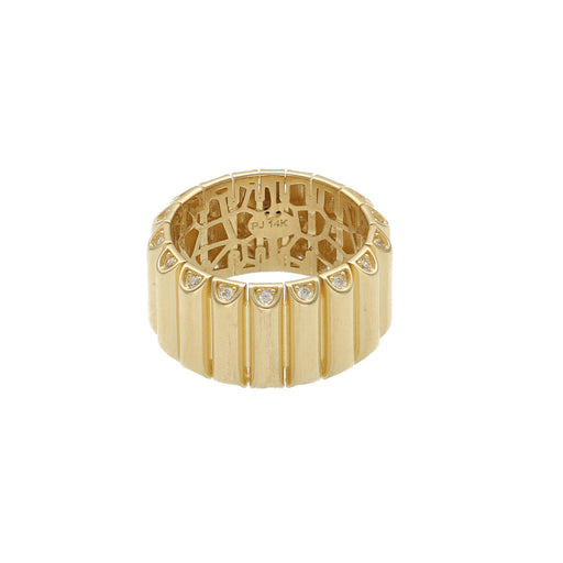 14k Solid Yellow Gold Barrel Ring with Zirconia accents, front view 12mm thick fluted gold band