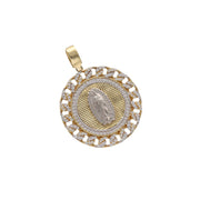 An isolated, high-resolution product shot showing the intricate front view of the 14K Yellow Gold Virgen de Guadalupe Medal, highlighting the two-tone gold details and the sparkling cubic zirconia setting in the surround.