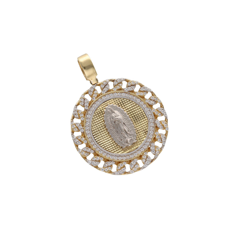 An isolated, high-resolution product shot showing the intricate front view of the 14K Yellow Gold Virgen de Guadalupe Medal, highlighting the two-tone gold details and the sparkling cubic zirconia setting in the surround.