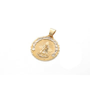 14K yellow and white gold Virgen de la Caridad del Cobre religious medallion showcasing diamond-cut light reflection and tapered bail by Veka Jewelry