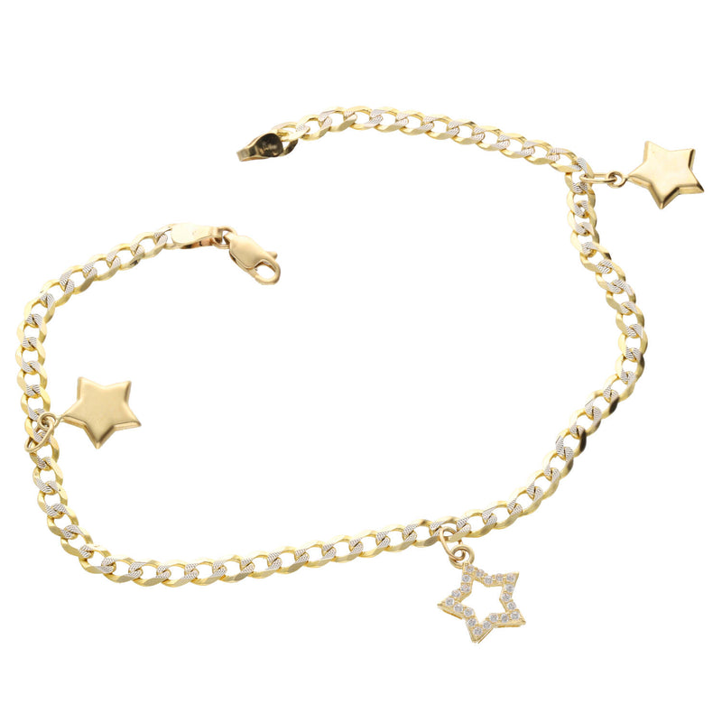 A 14 Karat gold Italian curb pave star Charm anklet with zirconia bracelet length 10 inches, featuring a chain link design and star charms.