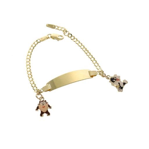 A 14 karat gold ID baby bracelet with a Cuban link chain design, featuring taz and Sylvester kitty charm, and a customizable ID plate.