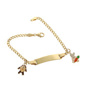 A 14 karat gold ID baby bracelet with a Cuban link chain design, featuring taz and Bugs Bunny charm, and a customizable ID plate.