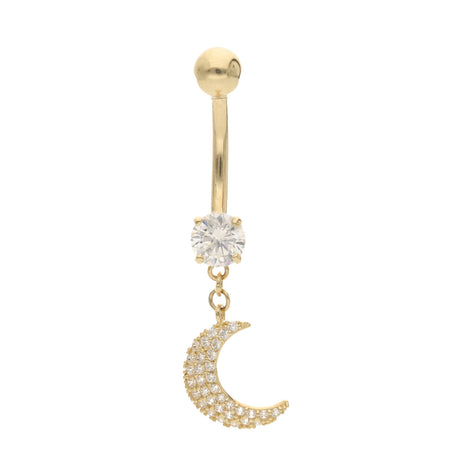 14k Gold belly button ring with clear gemstone and moon-shaped pendant on a white background