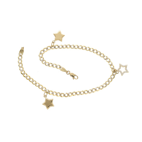 A 14 Karat gold Italian curb pave star Charm anklet with zirconia bracelet length 10 inches, featuring a chain link design and star charms.