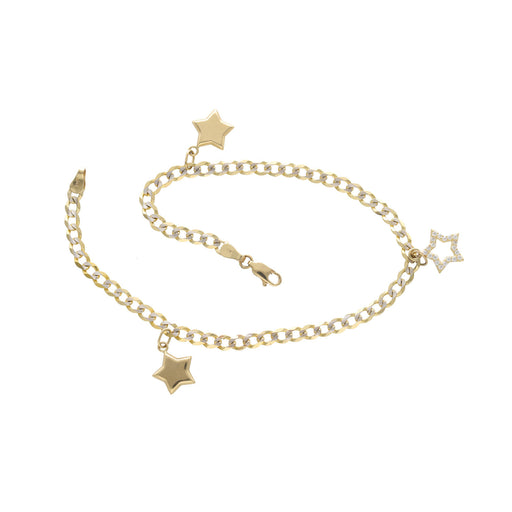 A 14 Karat gold Italian curb pave star Charm anklet with zirconia bracelet length 10 inches, featuring a chain link design and star charms.