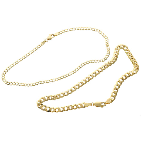 A 14 karat real solid gold Italian curb anklet with a lobster lock closure, displayed on a white background showing two different widths offered.