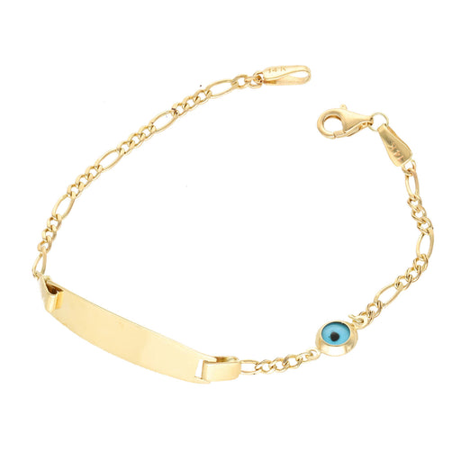14 Karat Gold Figaro ID with blue eye