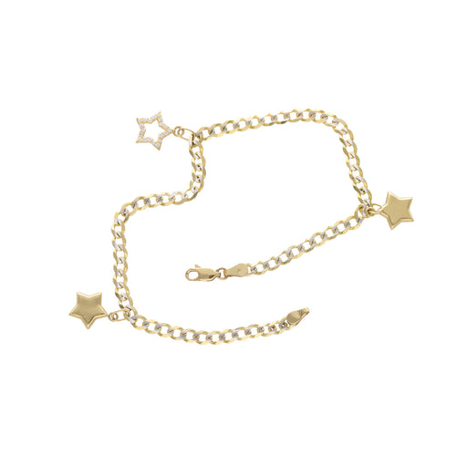 A 14 Karat gold Italian curb pave star Charm anklet with zirconia bracelet length 10 inches, featuring a chain link design and star charms.