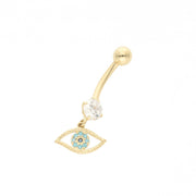 Real Gold Belly Button with a round clear stone and an evil eye with cyan stones.