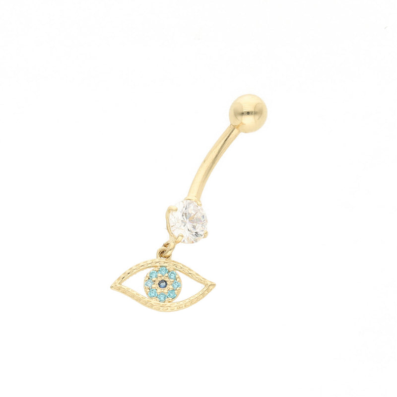 Real Gold Belly Button with a round clear stone and an evil eye with cyan stones.