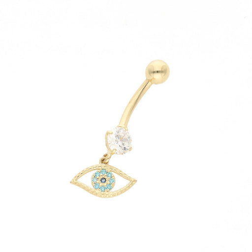 Real Gold Belly Button with a round clear stone and an evil eye with cyan stones.