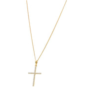 Gold cross pendant in natural diamonds and a gold cuban necklace on a white background