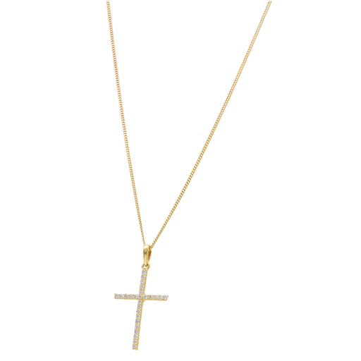 Gold cross pendant in natural diamonds and a gold cuban necklace on a white background