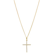 Front angle of a Gold cross pendant in natural diamonds and a gold cuban necklace on a white background