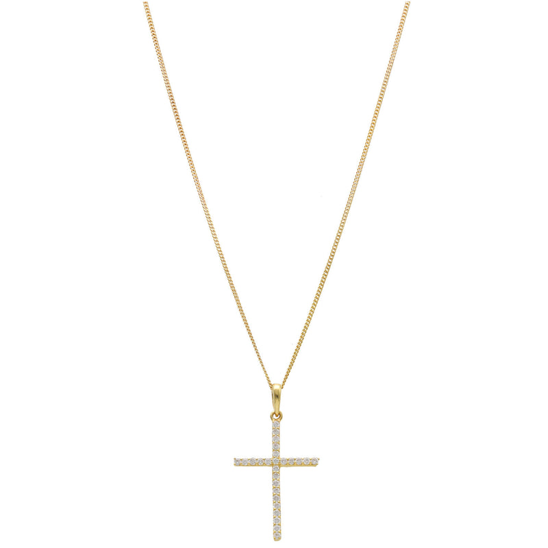 Front angle of a Gold cross pendant in natural diamonds and a gold cuban necklace on a white background
