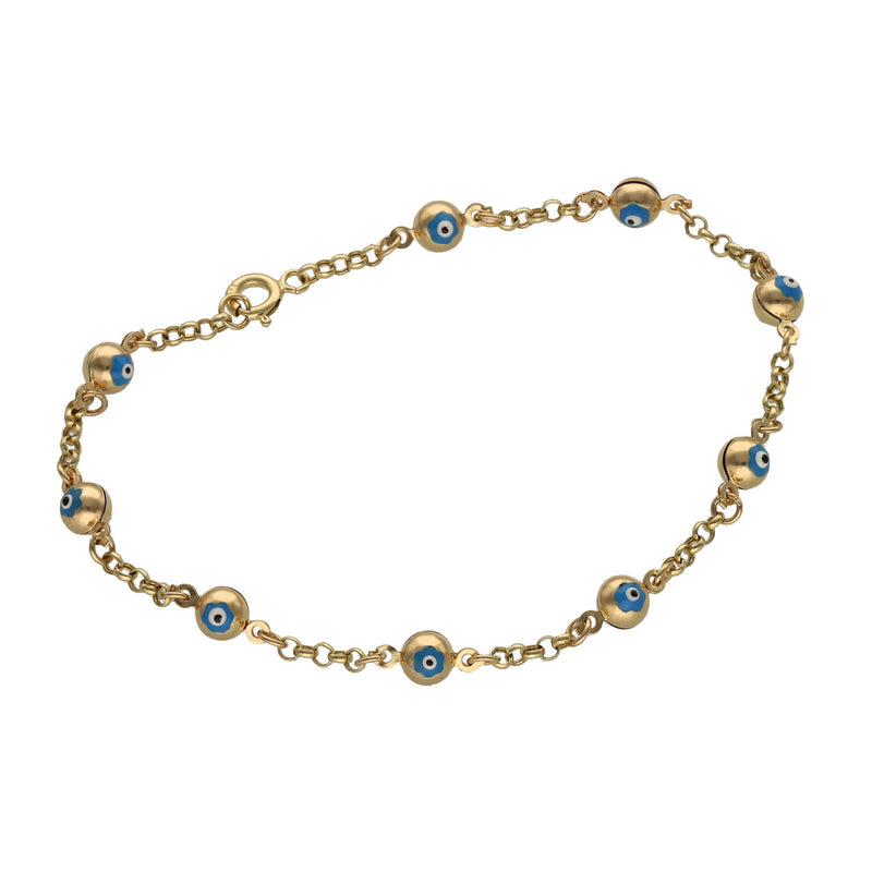 A 14 karat gold bracelet with evil eye beads on a lobster lock.