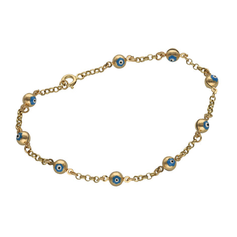 A 14 karat gold bracelet with evil eye beads on a lobster lock.
