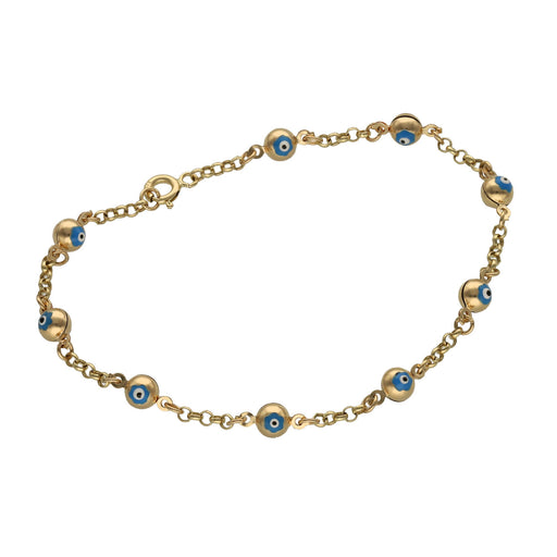A 14 karat gold bracelet with evil eye beads on a lobster lock.