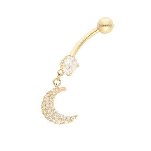 14k Gold belly button ring with clear gemstone and moon-shaped pendant on a white background.