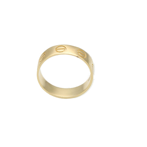14 karat real solid Yellow gold screw head band of 5 MM on the front angle where the thickness of the ring can be seen.