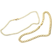A 14 karat real solid gold Italian curb anklet with a lobster lock closure, displayed on a white background showing two different widths offered.