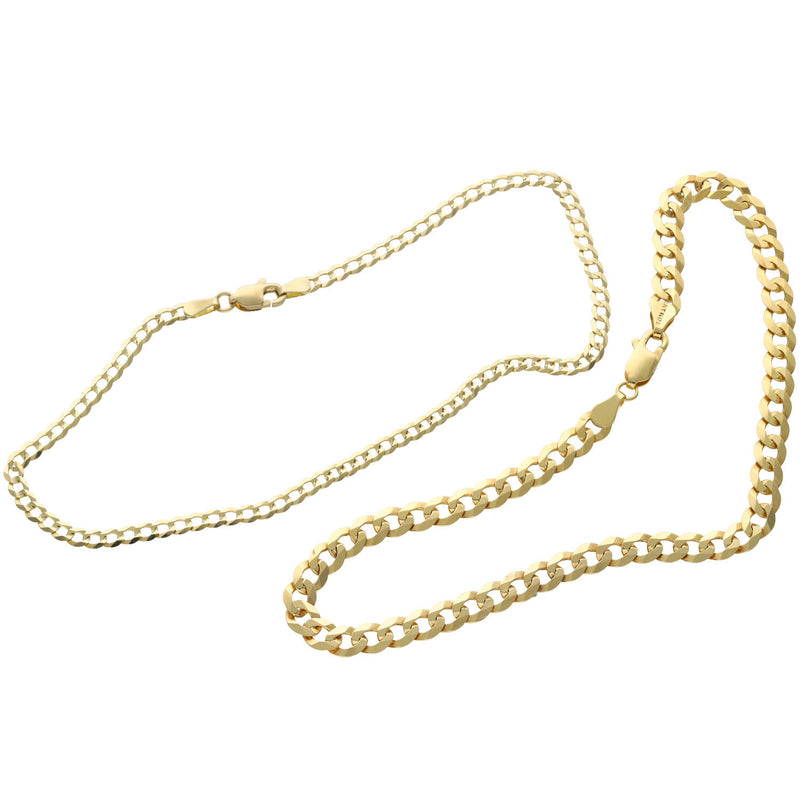 A 14 karat real solid gold Italian curb anklet with a lobster lock closure, displayed on a white background showing two different widths offered.