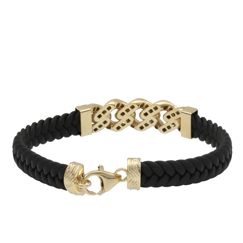 A black leather bracelet with gold-colored accents and textured Cuban links, featuring a lobster lock clasp.