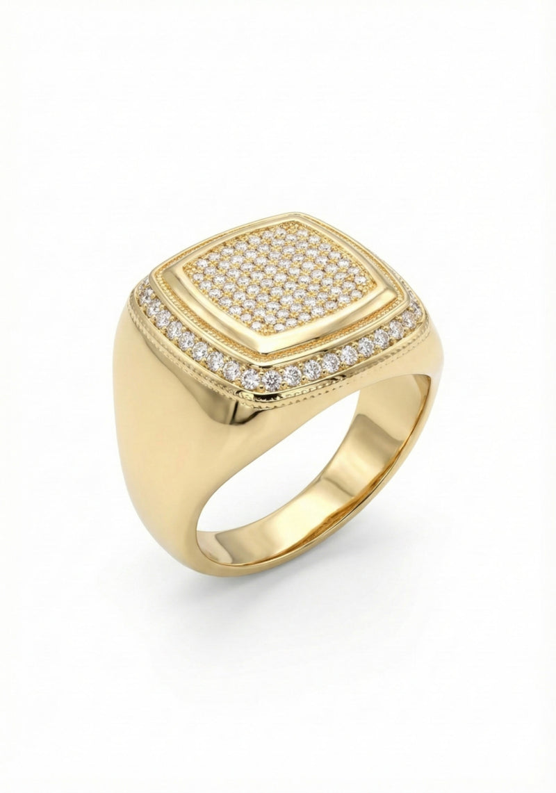 14k Gold ring with cubic zirconia clear accents on a white background