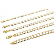 Curb Italian Chains in real gold in pave style displayed in u shape from the smallest to the biggest in a white background