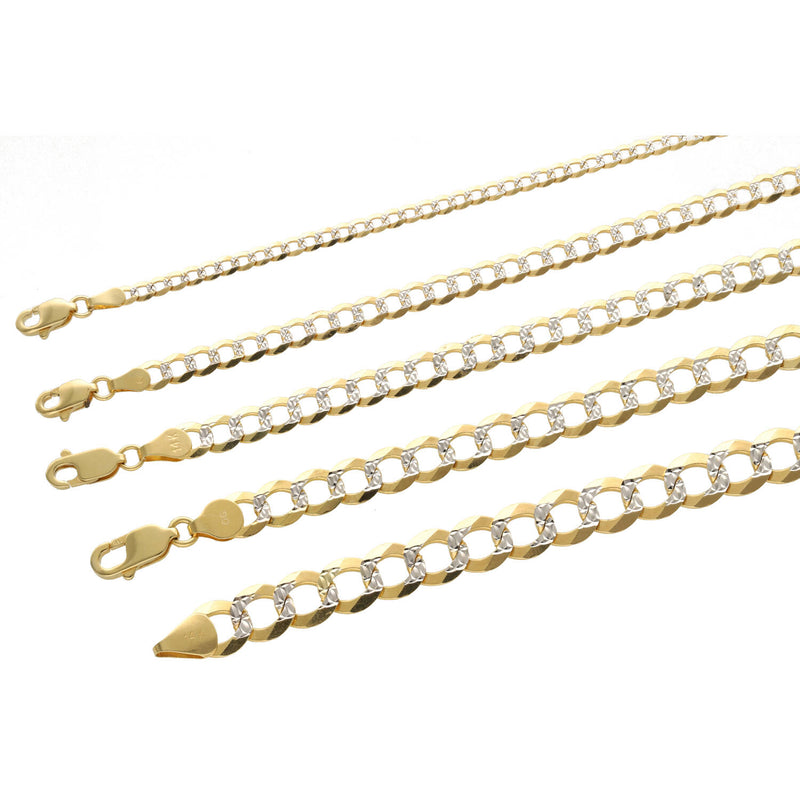 Curb Italian Chains in real gold in pave style displayed in u shape from the smallest to the biggest in a white background
