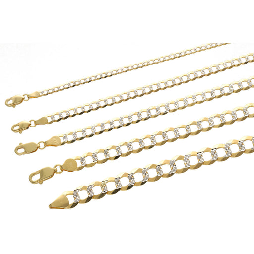 Curb Italian Chains in real gold in pave style displayed in u shape from the smallest to the biggest in a white background