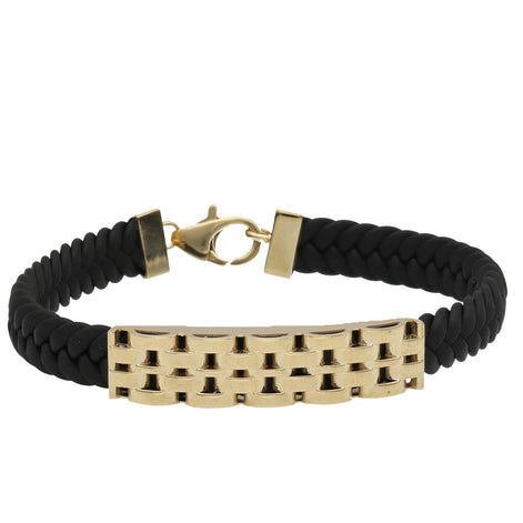 A 14 karat gold leather bracelet with a lobster lock clasp, crossed in a figure-eight style, displayed on a white background.