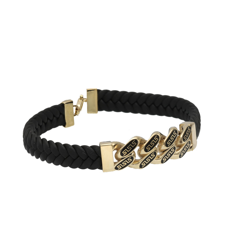 A black leather bracelet with gold-colored accents and textured Cuban links, featuring a lobster lock clasp.