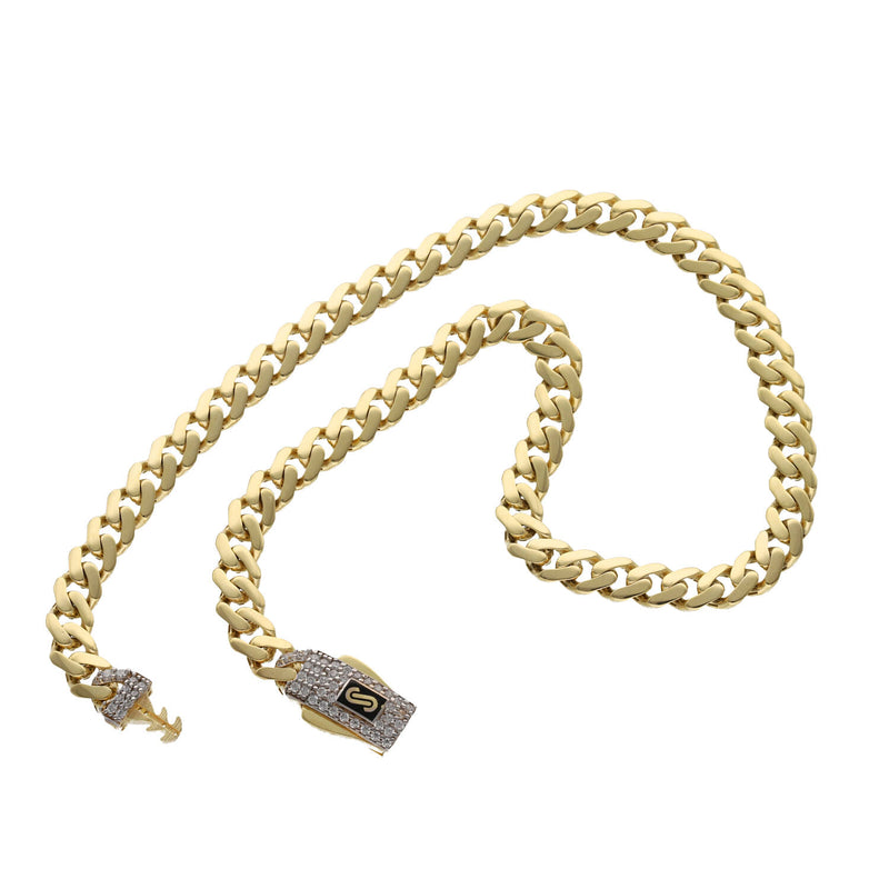 A real Yellow Gold made of 14K Gold anklet bracelet with a cuban link chain design and a sparkling push to pen secure clasp with the logo of the known brand Oro Monaco.