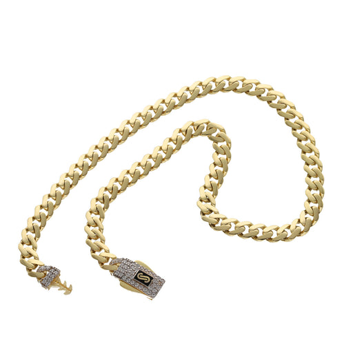 A real Yellow Gold made of 14K Gold anklet bracelet with a cuban link chain design and a sparkling push to pen secure clasp with the logo of the known brand Oro Monaco.