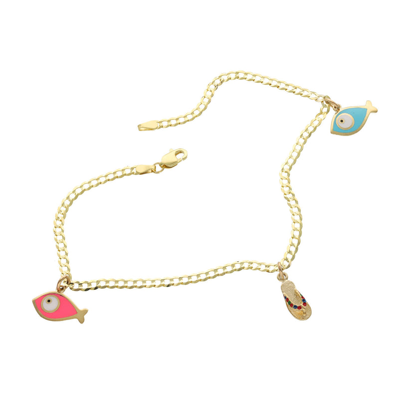 14K gold sea ocean anklet with turquoise fish, fuchsia fish and multicolor sandal charms on white background