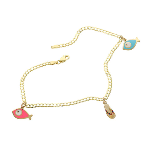 14K gold sea ocean anklet with turquoise fish, fuchsia fish and multicolor sandal charms on white background