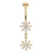 Real Gold  not plated belly button ring with snowflake-shaped pendants on a white background