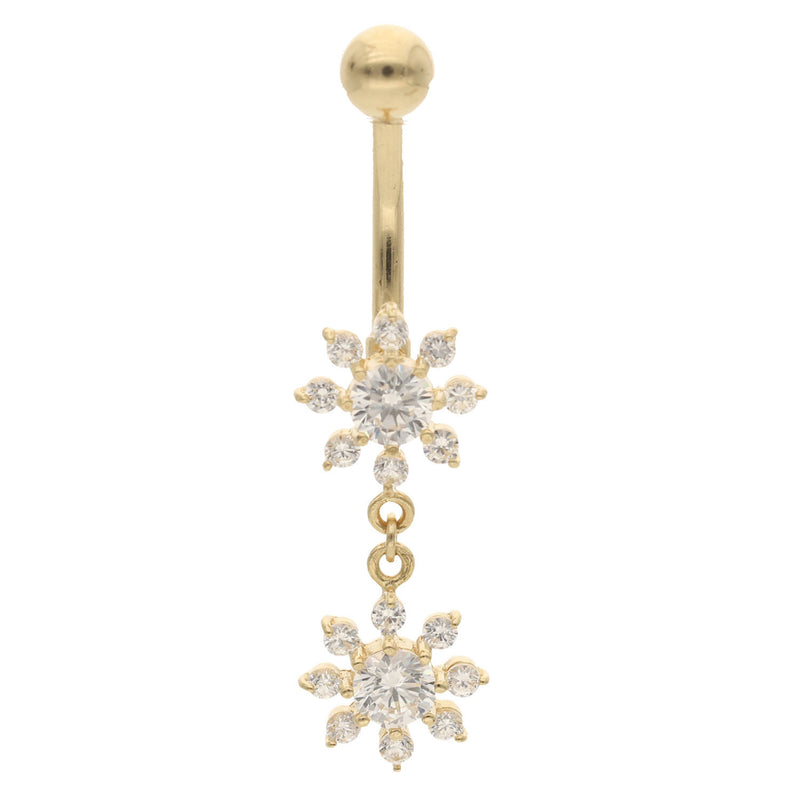 Real Gold  not plated belly button ring with snowflake-shaped pendants on a white background