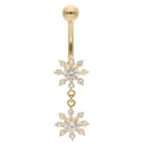 Real Gold  not plated belly button ring with snowflake-shaped pendants on a white background