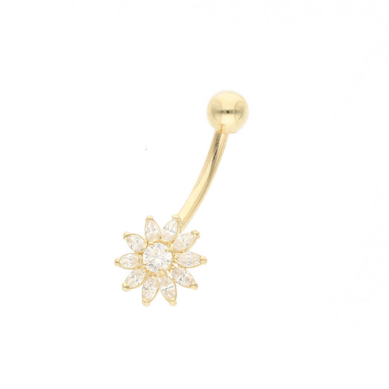 Gold belly button ring with a star-shaped gemstone on a white background