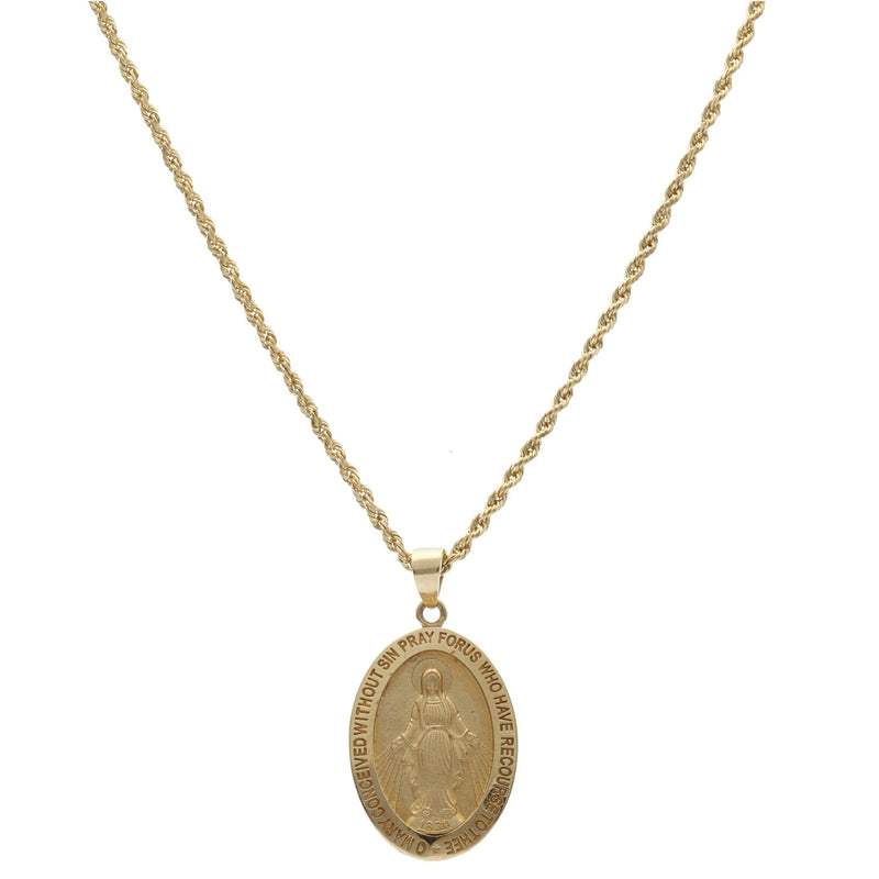 Real Gold Rope Style necklace with a religious la Milagrosa pendant displayed on a white background.