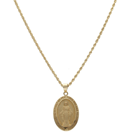 Real Gold Rope Style necklace with a religious la Milagrosa pendant displayed on a white background.