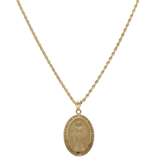 Real Gold Rope Style necklace with a religious la Milagrosa pendant displayed on a white background.