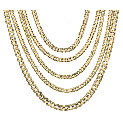 14k Solid Gold Concave Italian Curb Tight link Chain in different sizes on white background.