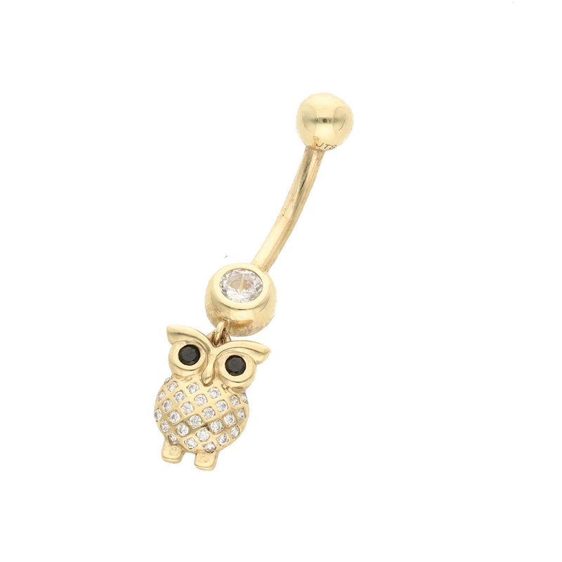 Gold owl-shaped belly button ring with a central gemstone on a white background