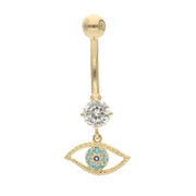 Gold belly button ring with a clear gemstone and eye design on a white background