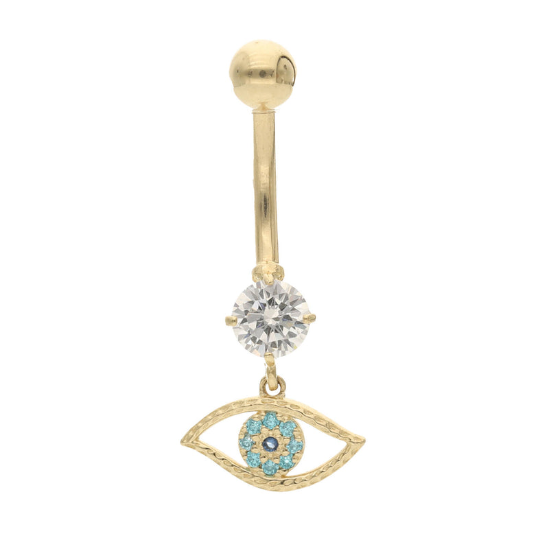 Gold belly button ring with a clear gemstone and eye design on a white background